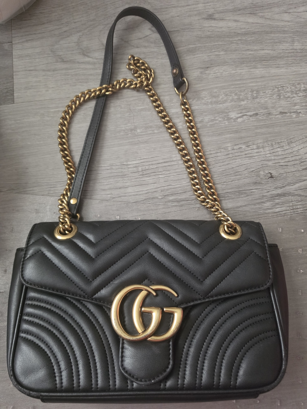 Black Quilted Leather Shoulder Bag with Gold Double G Hardware